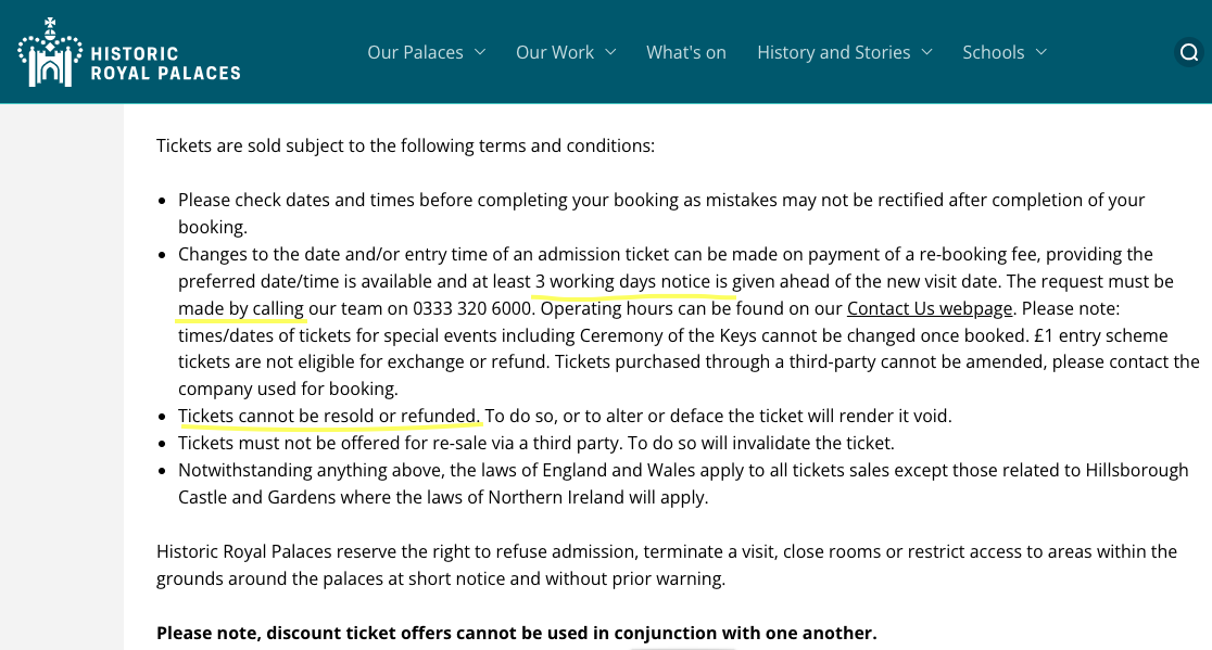Screenshot of Historic Royal Palaces official non-refundable ticket terms and conditions